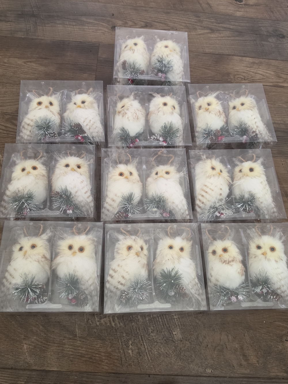 Hobby Lobby White and Brown Faux Owl Ornament Duo with Green Pine Sprig